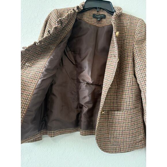 Talbots Brown Houndstooth Wool Blazer Womens Petite Sz 2 Old Money Career Ruffle - Picture 8 of 9